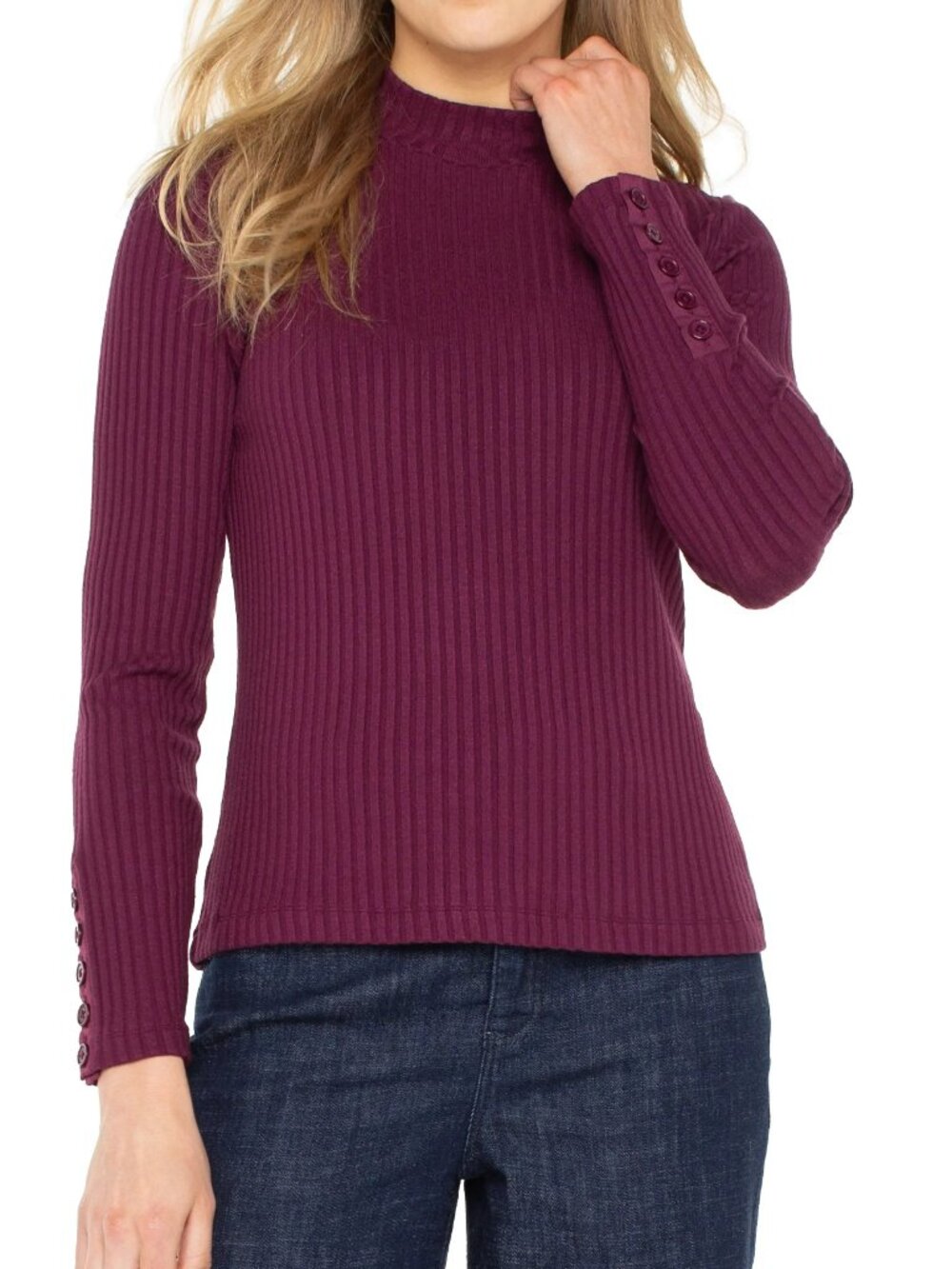 NWT Liverpool Los Angeles Wine Berry Long Sleeve Mock Neck Knit Top with Button